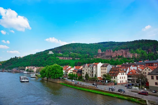 Quay Traffic Barges Neckar River Quay European City Summer Heidelberg — Stock Photo, Image