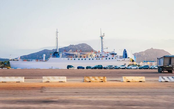 Ship in the port of Olbia in the early morning, Sardinia, Italy