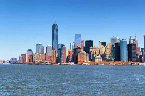Lower Manhattan in New York, USA from Hudson River.