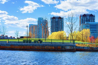 Modern Buildings at the North Point Park and Charles River in Cambridge, Massachusetts, America. clipart
