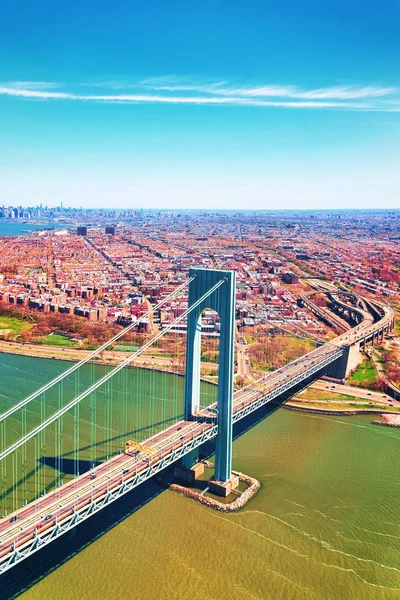 Aerial view on Verrazano Narrows Bridge above the Narrows. It connects Brooklyn and Staten Island. Narrows is strait connecting Upper Bay with Lower Bay. View on Fort Wadsworth in Staten Island