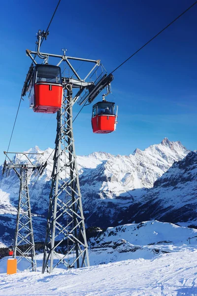 Linbanan Stugor Vinter Sport Resort Schweiziska Alperna Mannlichen Schweiz — Stockfoto