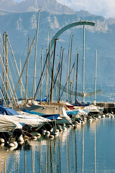 Lausanne Suíça Agosto 2018 Marina Iates Lago Genebra Lausanne Ouchy — Fotografia de Stock