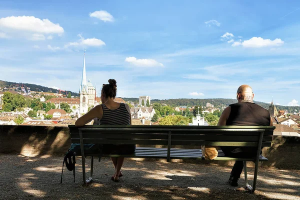 Zurich Switzerland September 2016 People Sitting Bench Lindenhof Hill Zurich — Stock Photo, Image