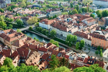 Ev mimarisi ve Slovenya Ljubljanica Nehri ile Ljubljana Cityscape