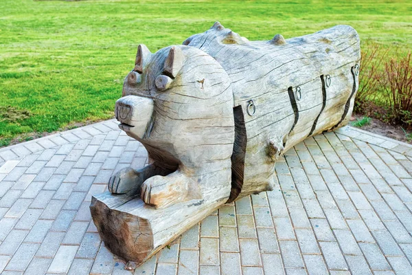 Kuldiga Latvia May 2016 Wooden Sculpture Cat Kuldiga Kurzeme Western — Stock Photo, Image