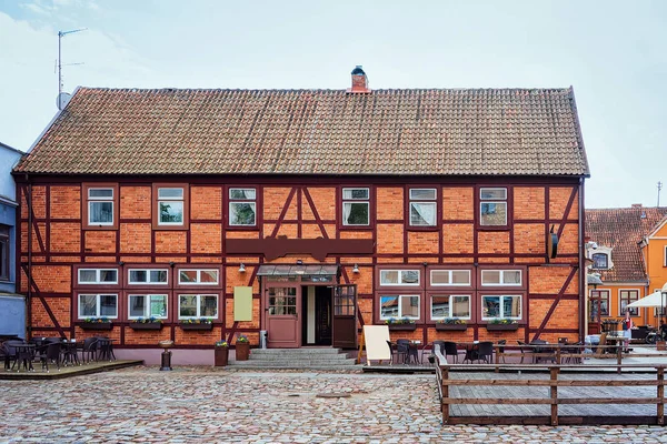 Cafe building in the center of Old town of Klaipeda in Lithuania, Eastern European country on the Baltic sea