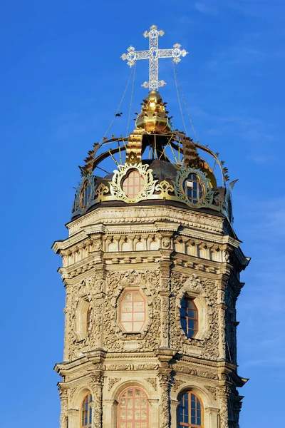 Tower of Russian Church at Dubrovitsy in Podolsk city near Moscow in Russia. Landscape and church