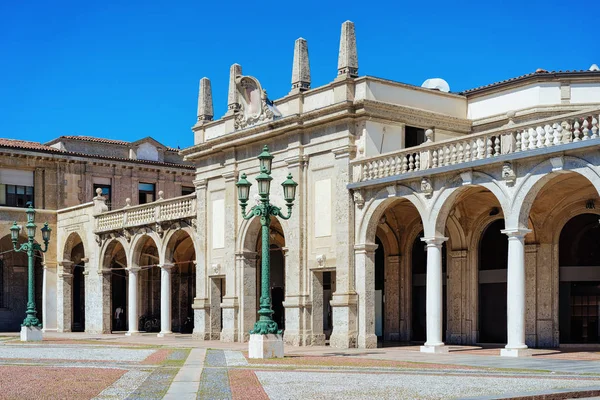 Historical building with arcades in Lower City in Lower City of Bergamo in Lombardy in Italy