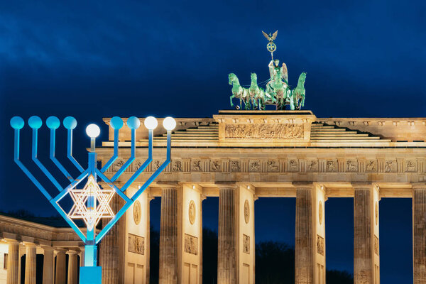Hanukkah Menorah at Brandenburg Gate Building in Berlin, Germany