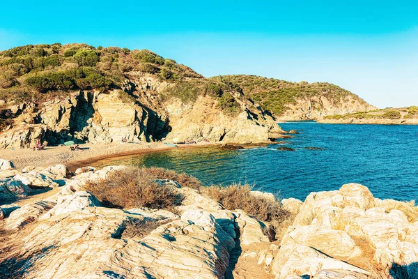 Playa Chia Aguas Azules Del Mar Mediterráneo Provincia Cagliari Sur —  Fotos de Stock