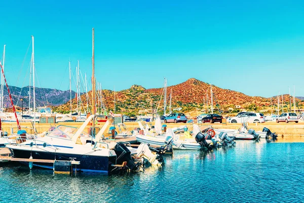Boats Beautiful Marina Villasimius Bay Blue Waters Mediterranean Sea Sardinia — Stock Photo, Image