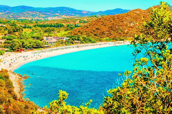Shore Beautiful Villasimius Beach Bay Blue Waters Mediterranean Sea Sardinia — Fotografia de Stock