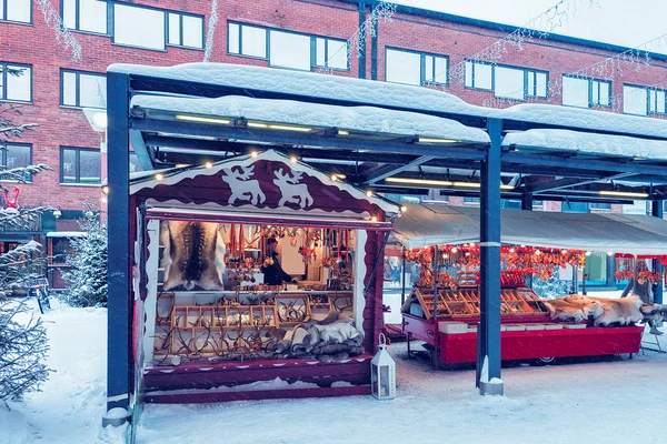 Winter Saami Souvenirs Straat Finse Kerstmarkt Rovaniemi Finland Lapland Noordpool — Stockfoto