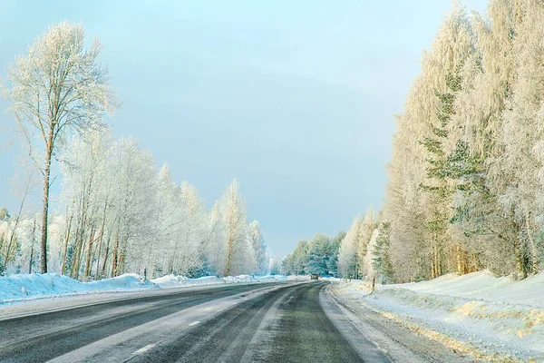 Winter Road Snow Forest Cold Finland Lapland — Stock Photo, Image
