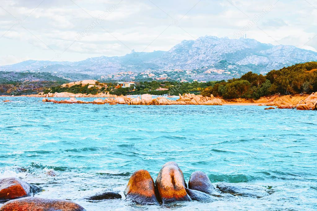 Capriccioli Beach at Blue Waters of the Mediterranean Sea on Sardinia Island in Italy
