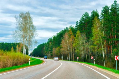 Car in the road at the countryside. Forest on the background. Lithuania