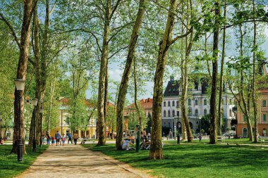 Ljubljana, Slovenya - 28 Nisan 2018: Slovenya'nın Ljubljana'nın tarihi merkezindeki Kongre Meydanı'ndaki parkta insanlar. Arka planda Ljubljana Üniversitesi