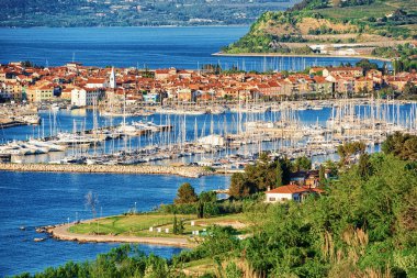 Izola balıkçı köyünde Adriyatik Denizi'ndeki Marina'nın panoramik manzarası, Slovenya
