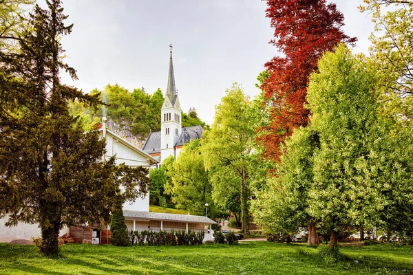 Gyönyörű Táj Templommal Bled Mellett Szlovénia — Stock Fotó