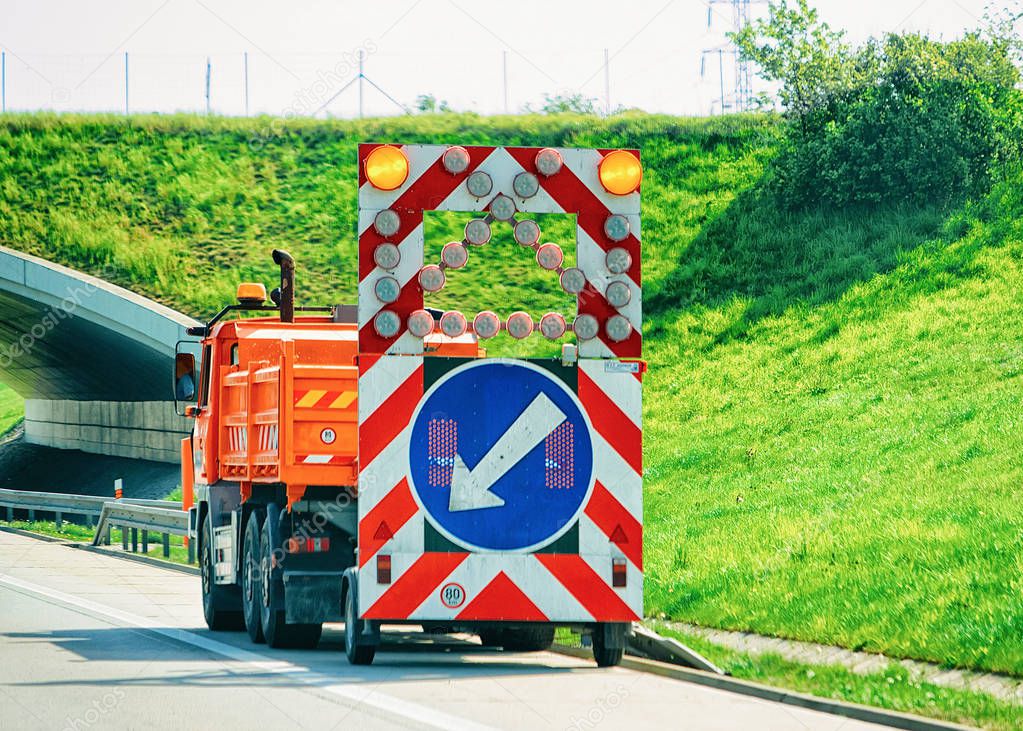 Truck with traffic sign on the road in the Czech Republic