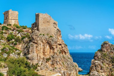 İtalya'da Scopello, Castellammare del Golfo, Akdeniz, Sicilya' nın yığınları ve tonnaraları