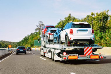 Slovenya'da asfalt yolda otomobil taşıyıcı kamyon. Kamyon taşıyıcısı