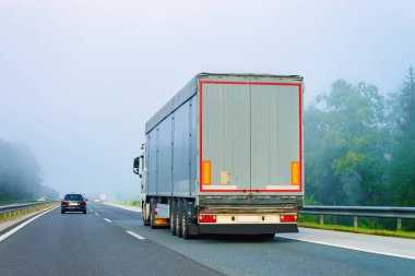 Polonya'nın asfalt yolunda ki kamyon sisli bir havada. Bazı yük kargo teslim kamyon taşımacılığı.