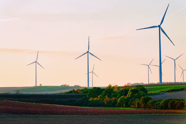 Wind mills at South Moravia, Czech Republic. At sunset