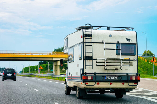 Warsaw, Poland - July 29, 2018: Camper on the road in Warsaw, in Poland
