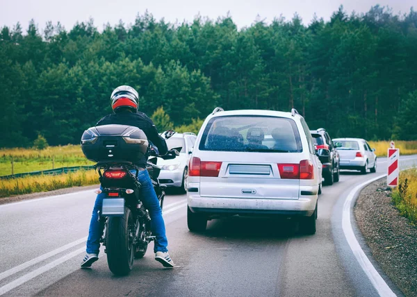 Motorcykel Och Bilar Trafikstockning Vägen Polen — Stockfoto