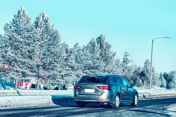 Car Winter Road Rovaniemi Lapland Finland — Stok fotoğraf