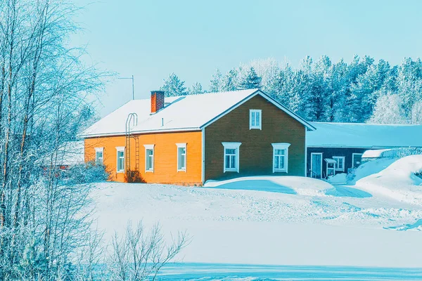 Casa Floresta Inverno Neve Natal Finlândia Lapônia — Fotografia de Stock