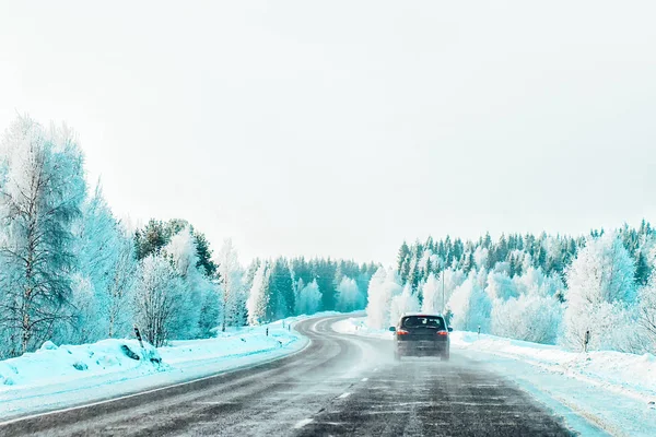 Car Winter Road Rovaniemi Lapland Finland — Stock Photo, Image