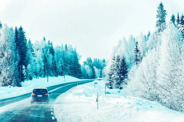 Car Road Winter Lapland Rovaniemi Finland — Stock Photo, Image