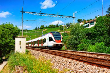 Lavaux, İsviçre - 30 Ağustos 2016: Lavaux Vineyard Terrace yürüyüş parkurunda tren koşu, Lavaux-Oron district, İsviçre