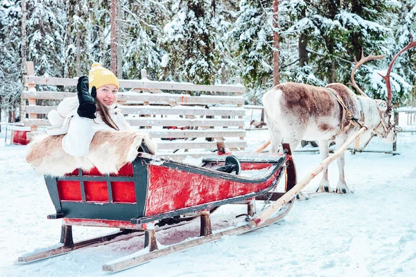 Kışın Laponya Finlandiya Ren Geyiği Kızağına Binen Kıza Binen Kız — Stok fotoğraf