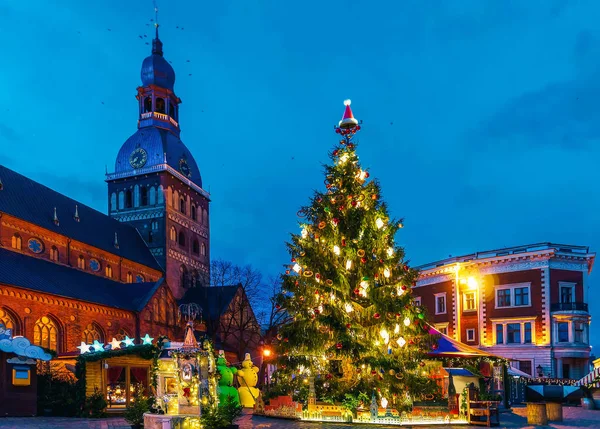 Luminoso Árbol Navidad Cerca Catedral Riga Mercado Navidad Invierno Riga —  Fotos de Stock