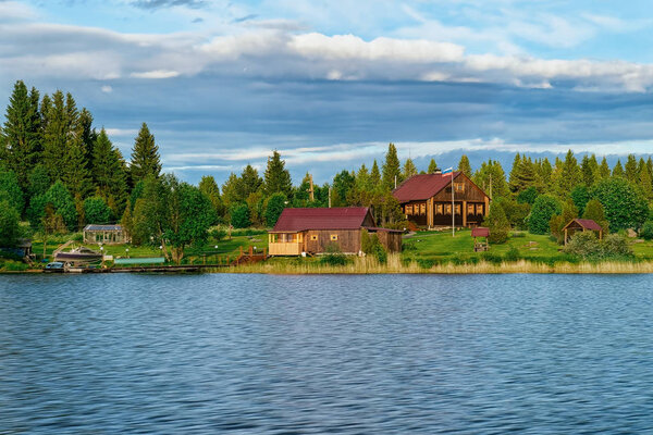 Houses on Onega Lake and the Nature of Karelia, Kizhi, Russia