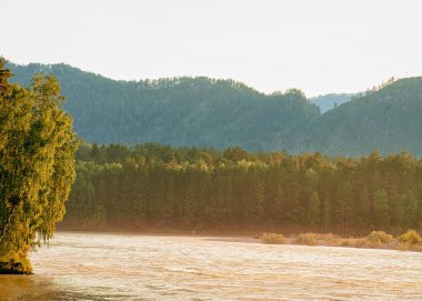 Günbatımı Katun nehir ve Rusya'nın Sibirya Altay Dağları