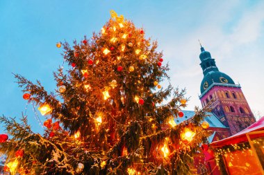 Kışın Xmas ağacı Letonya Riga Dome Meydanı'nda akşam.