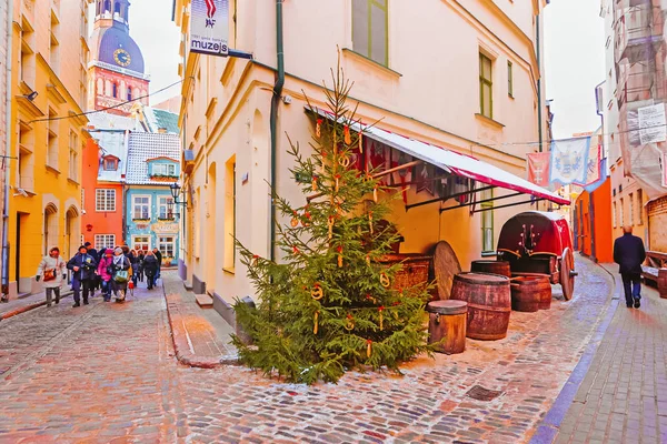 ラトビアのリガ旧市街の冬のリガ ラトビア 2014 クリスマス ツリー 背景にドーム大聖堂 — ストック写真