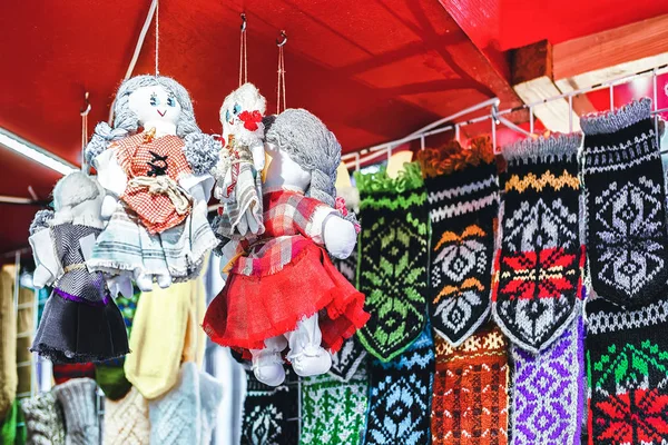 Pletené Palčáky Panenka Hračky Stánky Vánoční Trh Rize Lotyšsku Zimě — Stock fotografie
