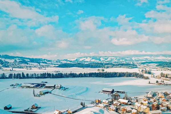 Krajina Alpských Hor Gruyeres Město Vesnice Švýcarsku Zimě — Stock fotografie