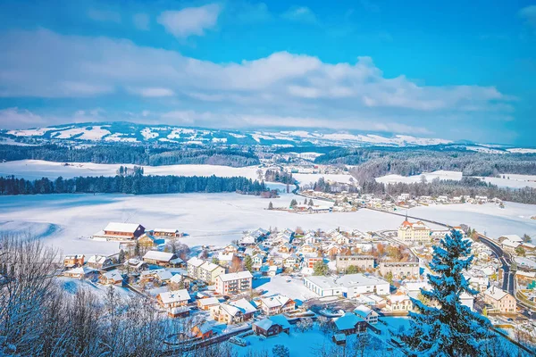 Paesaggio Con Montagne Alpine Gruyeres Paese Svizzera Inverno — Foto Stock