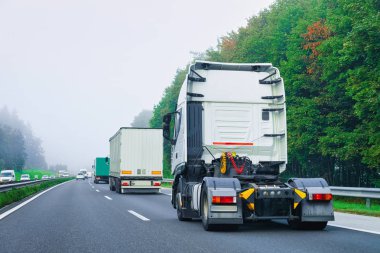 Kamyon kabin römork olmadan Polonya Otoban asfalt yol kutusunda. Kamyon taşıyıcı