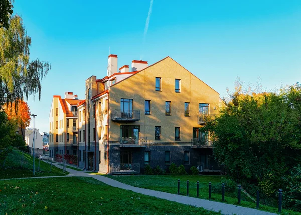 Residential townhouse building outdoor concept. Street and backgrounds.