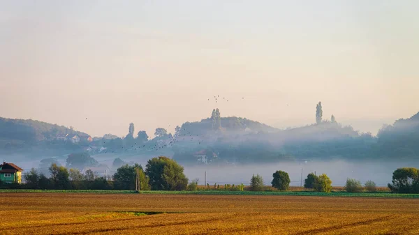 Paesaggio Con Campo Nebbia Slovenia — Foto Stock