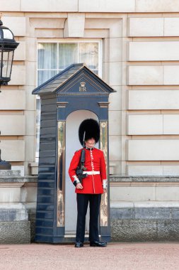 Queen Royal Security Guard at Buckingham Palace in street London clipart
