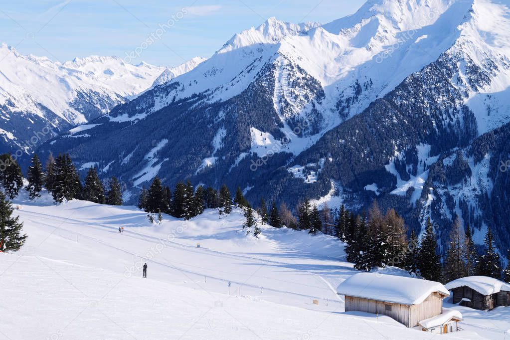 Landscape at Penken ski resort and snowy chalet